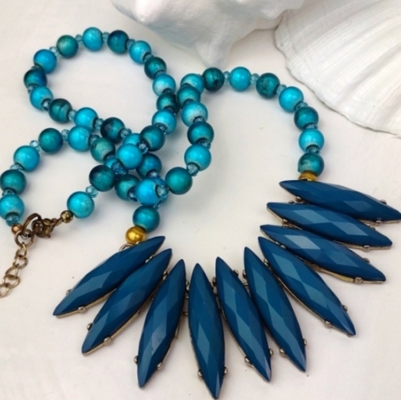 Tribal Turquoise Tone Multifaceted Spear Fringe & 2-Tone Glass Bead Necklace - Picture 1 of 15